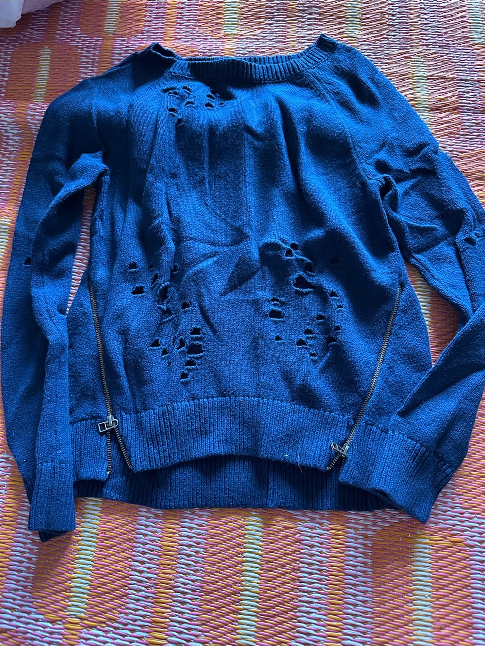 Express Distressed Royal Blue Crewneck Sweater with Front Zippers
